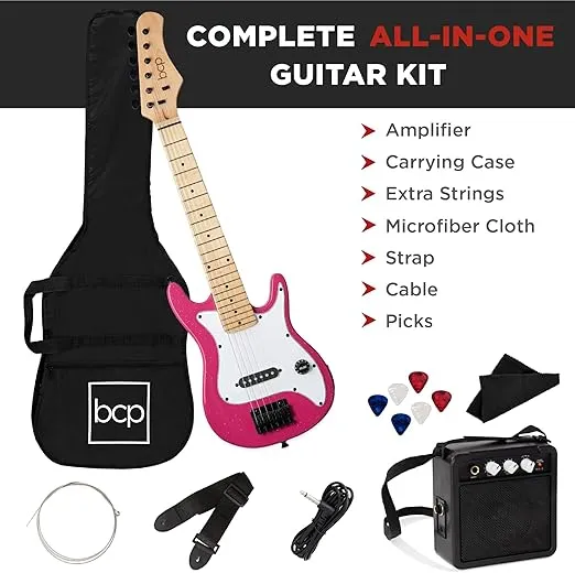 Best Choice Products 30in Kids Electric Guitar Beginner Starter Kit w/ 5W Amplifier, Strap, Gig Bag, Strings, Picks - Pink Sparkle