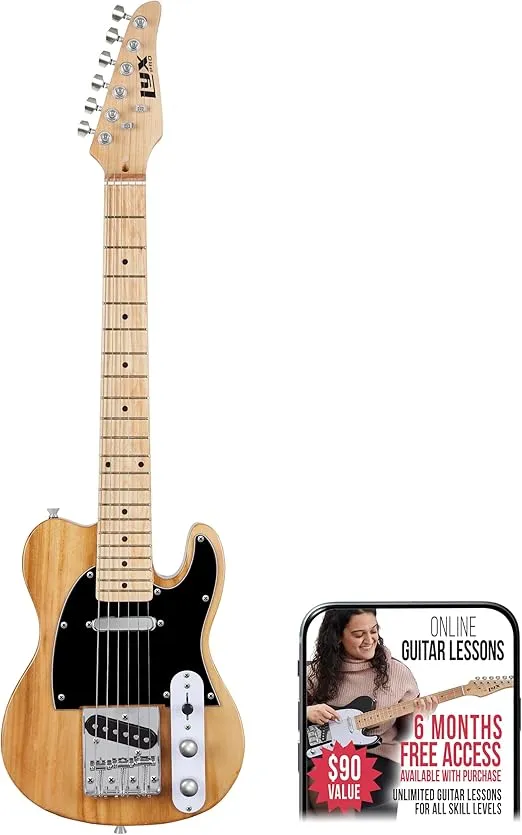 LyxPro 30” Electric Guitar TL Series, Full-Size Paulownia Wood Body, 3-Ply Pickguard, C-Shape Neck, Ashtray Bridge, Quality Gear Tuners, 3-Way Switch & Volume/Tone Controls, 2 Picks Included, Natural