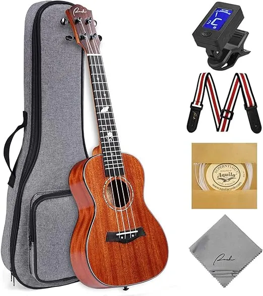 Ranch Concert Ukulele 23 inch Solid Top Ukelele Kit Professional Small Hawaiian Guitar Ukalalee Starter Pack Bundle Gig bag, Tuner, Strap, Aquila String Set, 12 Online Lessons - Glossy