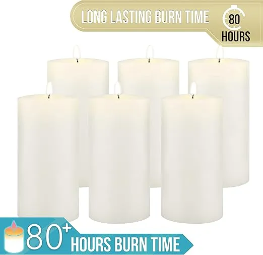 Stonebriar Tall 3 x 6 Inch 80 Hour Long Burning Unscented Wax Flat Top Pillar Candles, White, 6 Pack