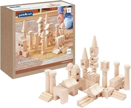 Kaplan Early Learning Architectural Unit Blocks - 44 Pieces, Wooden Building Block Set, Stacking Toys for Toddlers Ages 2+