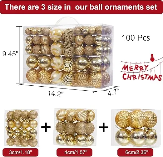 100PCS Christmas Ball Ornaments, Assorted Shatterproof Christmas Tree Decorations, Seasonal Decorative Hanging Baubles Decor Set for Xmas/Holiday/Party, Glitter&Painting Ornament Set (Gold)