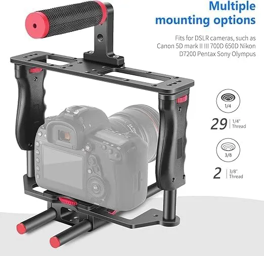 NEEWER Camera Video Cage Film Movie Making Kit, Aluminum Alloy with Top Handle, Dual Hand Grip, Two 15mm Rods, Compatible with Canon Sony Fujifilm Nikon DSLR Camera and Camcorder (Black + Red)