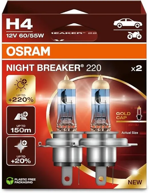 OSRAM NIGHT BREAKER 220, H4, 220% Brighter Halogen Headlight Lamp, 64193NB220-2HB, Folding Box (2 Lamps)