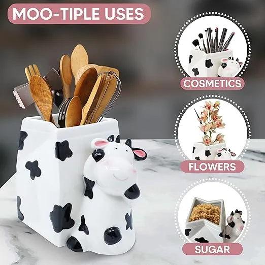 Cow Utensil Holder | Kitchen Crock Storage | Cow Print Stuff Accessories Decoration | Cute Cow Gifts For Women | La Vaca Animal Cow Decor | Countertop Cow Stuff Vase