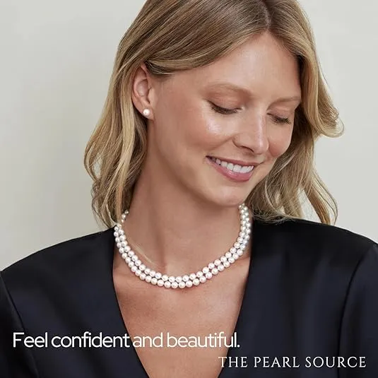 The Pearl Source Double Strand White Freshwater Cultured Pearl Necklace for Women in 17-18 Inch Length