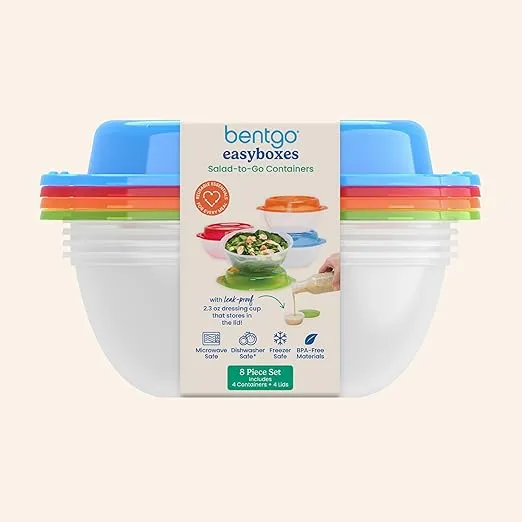 Bentgo Easyboxes Salad-to-Go Containers - 8-Piece Set: 4 Bowls, Leak-Proof Dressing Cups Built-In & 4 Fitted Lids Seal in Freshness; Reusable/BPA-Free for Salad, Pasta, & Cereal (Classic)