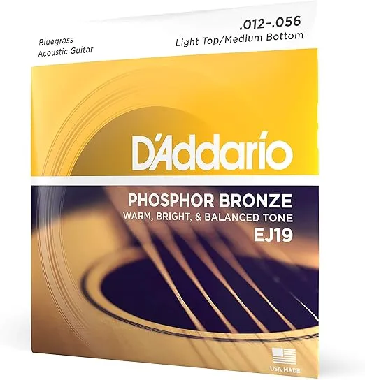 D'Addario Guitar Strings - Phosphor Bronze Acoustic Guitar Strings - EJ19 - Rich, Full Tonal Spectrum - For 6 String Guitars - 12-56 Light Top/Medium Bottom Bluegrass