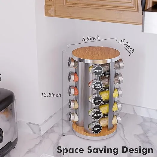 Revolving Spice Rack Set with 20 Spice Jars, Kitchen Spice Tower Organizer for Countertop or Cabinet -- Carousel Storage Includes 386 Spice Labels -- Desktop Rotating Seasoning Organizer