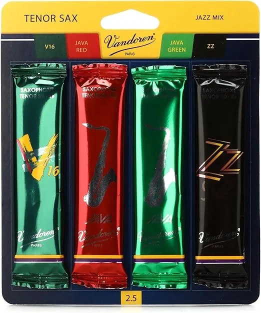 Vandoren SRMIXT25 Tenor Sax Jazz Reed Mix Card includes 1 each ZZ, V16, JAVA and JAVA Red Strength 2.5