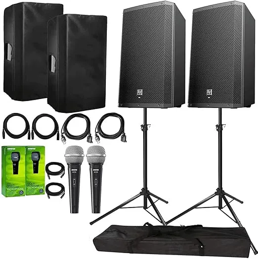 Electro-Voice ZLX-15BT Active 15″ Bluetooth Speaker Package with 2X Microphones, Cables, Covers, & Stands