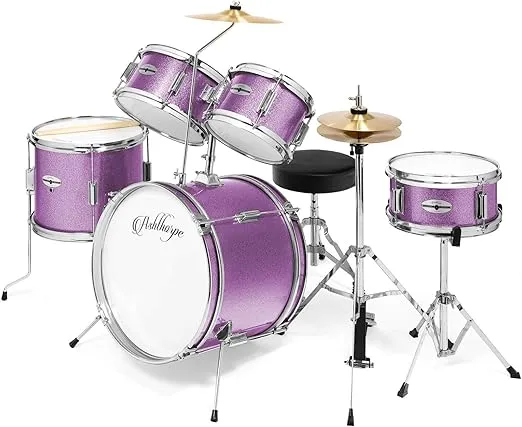 Ashthorpe 5-Piece Complete Junior Drum Set with Genuine Brass Cymbals - Advanced Beginner Kit with 16" Bass, Adjustable Throne, Cymbals, Hi-Hats, Pedals & Drumsticks - Purple