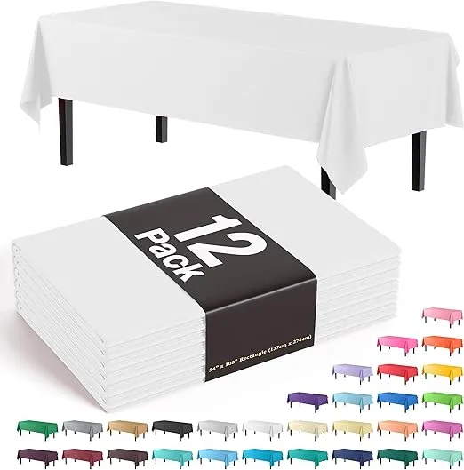 Exquisite 12-Pack Premium Plastic Tablecloth 54 Inch. x 108 Inch. Rectangle Table Cover-White