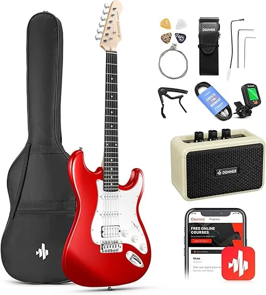 Donner 39-Inch Electric Guitar Starter Kit with Solid Body, HSS Pickup, Accessories, Amplifier, Lessons, and Digital Tuner - Red