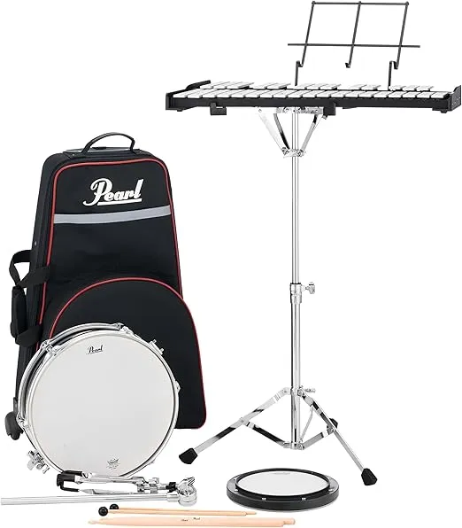 Pearl 32 Note Glockenspiel Metallophone Bell Kit Student Educational Percussion Kit with 13 Inch Wood Snare Drum, Tunable Practice Pad, Rolling Carrying Case, Sticks and Mallets (PL910C)