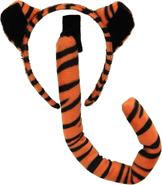 Tiger Ears & Tail Set - Velour Fabric Headband and Stuffed Bendable Tail