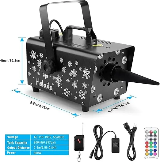 Hakuta Snow Machine, 800W Snow Machine with 8 LED RGB Lights, 13 LED Lighting Colors and 2 Remotes, Perfect for Christmas, Halloween, Valentine's Day, Wedding, Parties and DJ Stage