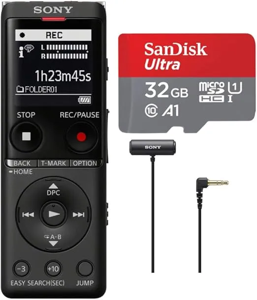 Sony ICD-UX570 Series UX570 Digital Voice Recorder (Black) Bundle with SanDisk 32GB Memory Card and Clip-Style Omni-Directional Stereo Microphone (3 Items)