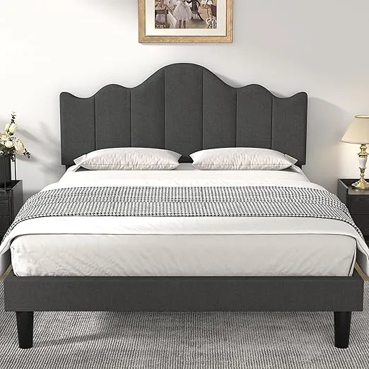 VECELO Full Size Upholstered Platform Bed Frame with Adjustable Headboard, Wood Slat Support and Noise-Free, No Box Spring Needed, Easy Assembly, Grey