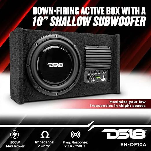 DS18 EN-DF10A 10" Amplified Thin Shallow Down-Firing Subwoofer Enclosure 500 Watts - Powered Subwoofer Box Compact Sealed Design for Car & Trucks