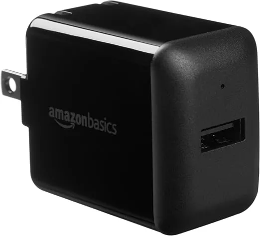 Amazon Basics 12W One-Port USB-A Wall Charger (2.4A) for Phones (iPhone 16/15/14/13/12/11/X, Samsung, and more), non-PPS, Black