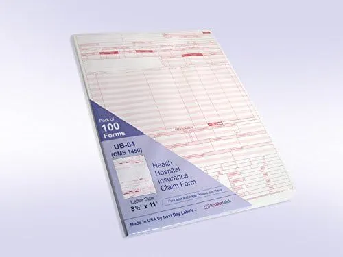 NextDayLabels - UB-04 (CMS 1450) Health Hospital Insurance Claim Form, Laser 8-1/2 x 11 100 Forms Per Pack