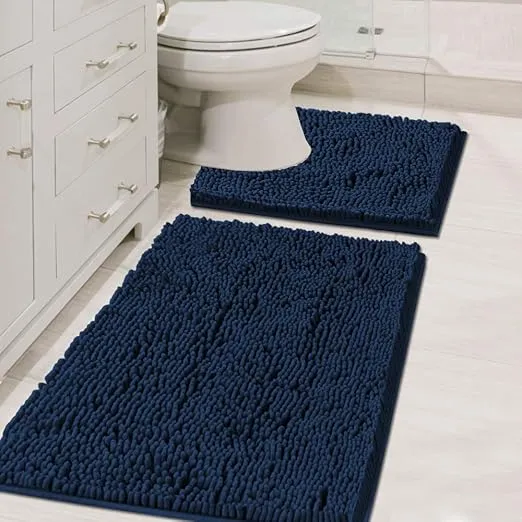 H.VERSAILTEX Bath Mats Non Slip for Bathroom Rugs Soft, Absorbent, Shaggy Microfiber,Machine-Washable Dry Fast Bedroom Area Rugs Perfect for Door Mat (32"x 20" and 20" x 20" U Shape, Navy)