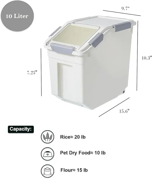 HANAMYA 10 Liter / 20 lbs Rice Storage Container with Measuring Cup, BPA free, For Rice | Grain | Pet Food | Flour, 1 count, White