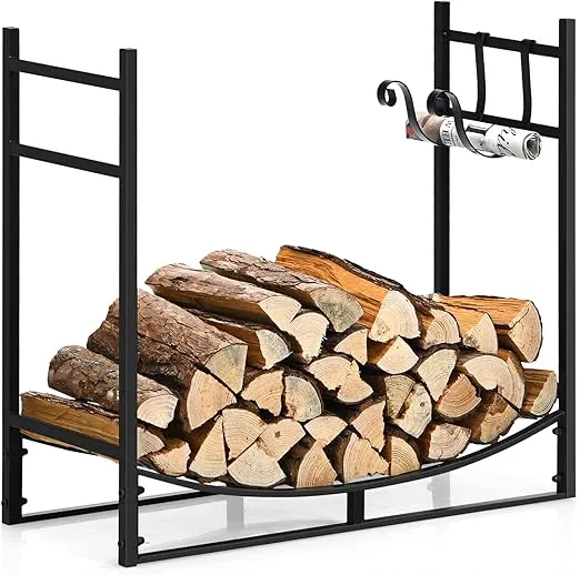 Goplus Firewood Rack Outdoor, 33” Metal Firewood Holder with Removable Kindling Holder, Heavy Duty Indoor Log Storage Rack, Wood Rack for Fireplace, Woodstove, Fire Pit (33" x 13" x 30")