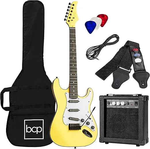 Best Choice Products 39in Full Size Beginner Electric Guitar Starter Kit w/Case, Strap, 10W Amp, Strings, Pick, Tremolo Bar - Yellow