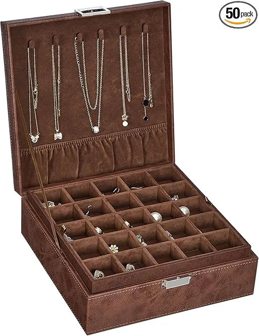 BEWISHOME Earring Holder Organizer for Cufflinks, Rings, Pendants, Chains 50 Slots Jewelry Earring Organizer with Necklace Hooks, 2 Stackable Trays Earring Jewelry Box for Women Girls, Grey SSH11Z