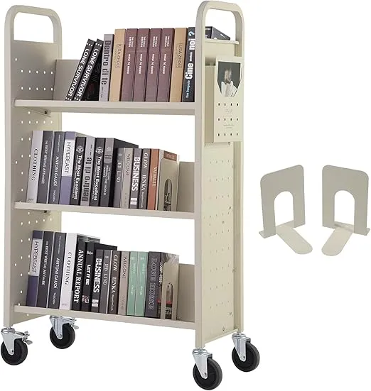 VEVOR Book Cart, 330 lbs Library Cart, 31.1" x 15.2" x 49.2" Rolling Book Cart, Single Sided V-Shaped Sloped Shelves with 4-Inch Lockable Wheels for Home Shelves Office and School, Book Truck in Cream