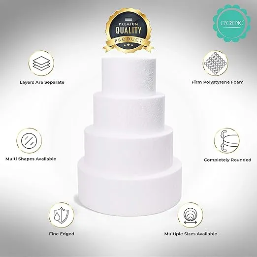 O'Creme Polystyrene Dummy Cake Decorating Display for Baked Goods Bakery Supplies Round Shape (10” Diameter x 5” High)