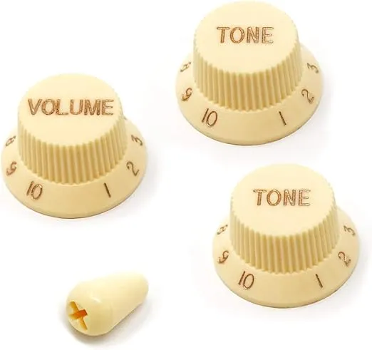 Cream Guitar Control Knobs (1 Volume, 2 Tone, 1 Switch Tip) for Fender Strat Style Electric Guitars Fits USA (Imperial) Split Shaft Pots STKUS-CRM