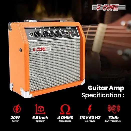 5 Core Guitar Amp 20W Amplifier for Electric Bass Acoustic Practice Amp Small Portable Mini Orange Amplificador para Bajo with Built in Effects - GA 20 ORG