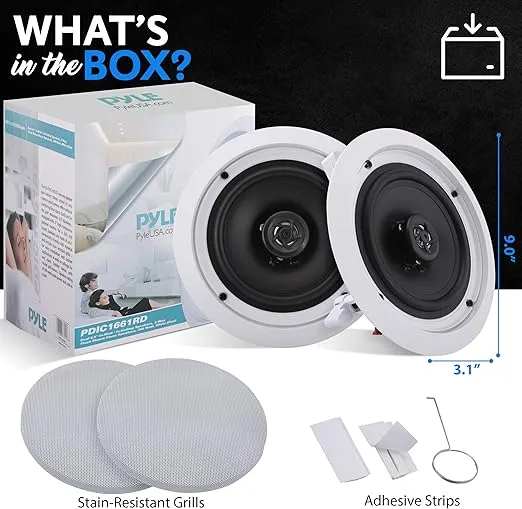 Pyle Pair 6.5” Flush Mount In-wall In-ceiling 2-Way Home Speaker System Spring Loaded Quick Connections Dual Polypropylene Cone Polymer Tweeter Stereo Sound 200 Watts (PDIC1661RD) White