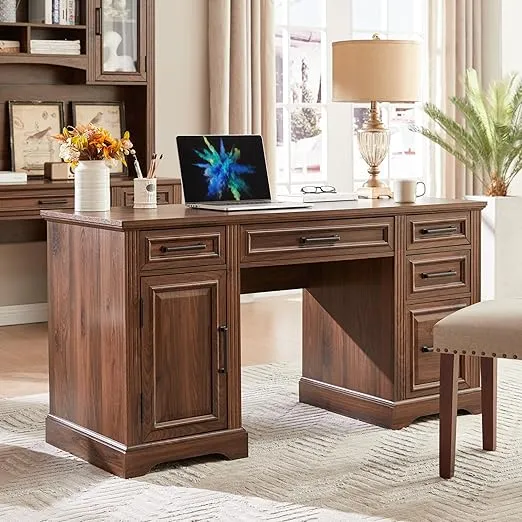 JXQTLINGMU 58" Executive Desk, Farmhouse Computer Desk with Drawers and Cabinet, Embossed Texture Home Office Desk, Workspace for Work Study Writing, Dark Brown