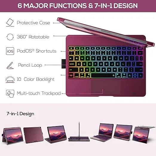 typecase Touch Keyboard Case with Trackpad for iPad Air 5th Gen (10.9-inch, 2022): 360° Rotatable - 11 Colors Backlight - Wireless Keyboard with Pencil Holder for iPad Air 5th & 4th Gen,Raspberry