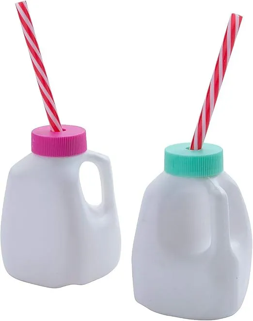 Fun Express 12 Pieces Mini Milk Carton with Lids and Straws, BPA Free Plastic, Party Supplies, White