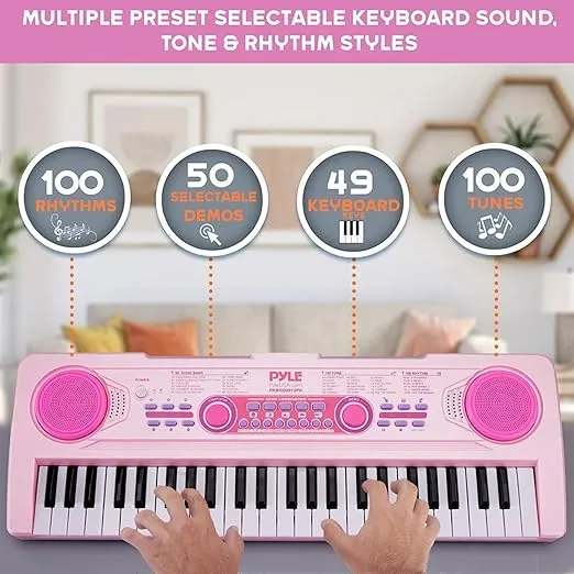 Pyle, 49, Electric Keyboard Piano, Music Keyboard-49 Keys, Karaoke Fun, Rechargeable Battery, Wired Microphone, 100 Tunes, 50 Demos, Aux Input, Compact Design, (PKBRD4912PK)