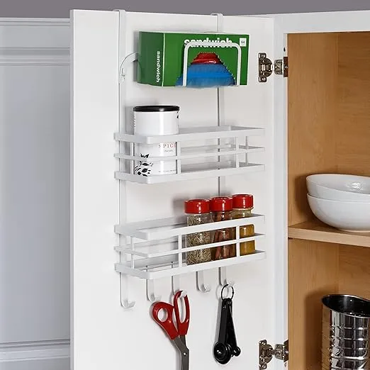 Honey-Can-Do Cabinet Door Organizer with 2 baskets and 5 Hooks, Wall Mounted of Hang Over Cabinet Door for Kitchen or Bathroom Organization, White