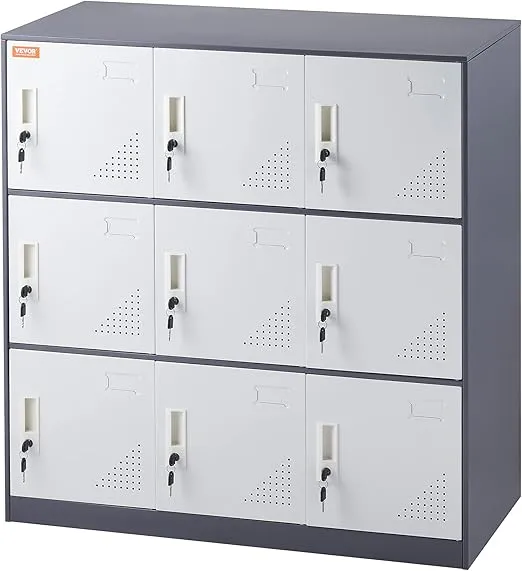 VEVOR Metal Locker for Employees, 9 Doors Storage Cabinet with Card Slot, Gray Steel Employee Lockers with Keys, 66lbs Loading Capacity Office Storage Lockers for Home, School, Office, Gym