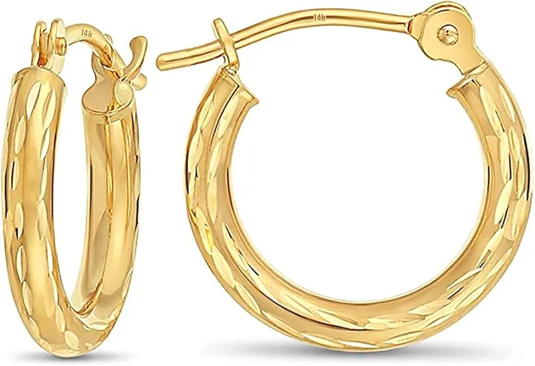 14k Gold Small Hoops Diamond-cut Engraved Hoop Earrings