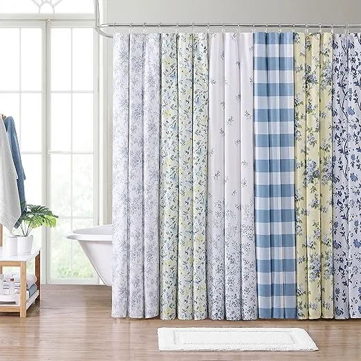 Laura Ashley Home - Shower Curtain, Stylish Cotton Bathroom Decor, Elegant Floral Home Decor (Nora Blue, 72" x 72")