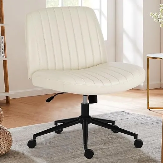 Sweetcrispy Criss Cross Chair Legged, Armless Office Desk Chair with Wheels, Swivel Vanity Chair, Height Adjustable Wide Seat Computer Task Chair, Fabric Vanity Modern Home Chair White PU