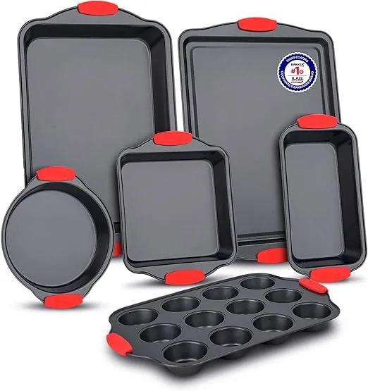 Baking Set – 6 Piece Kitchen Oven Bakeware Set – Deluxe Non-Stick Black Coating Inside and Outside – Carbon Steel – Red Silicone Handles – PFOA PFOS and PTFE Free by Bakken