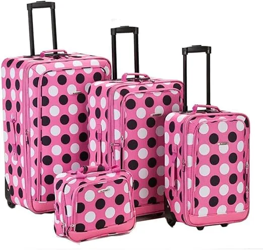 Rockland Escape 4-Piece Softside Upright Luggage Set,telescoping Handles, Pink Dots, (14/19/24/28)