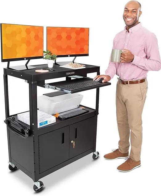 Line Leader Large AV Cart with Locking Cabinet | Height Adjustable Utility Cart with Pullout Keyboard Tray & Cord Management | UL Safety-Certified Computer Cart | Easy Assembly (32 x 18 x 42in)