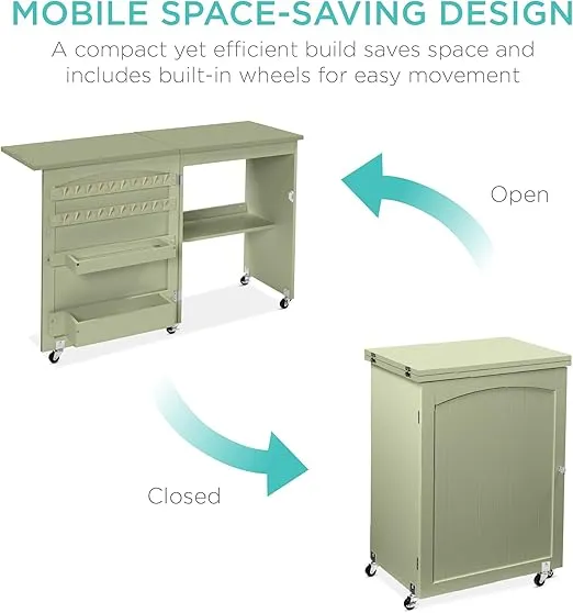 Best Choice Products Folding Sewing Table Multipurpose Craft Station & Side Desk with Compact Design, Wheels, Shelves, Storage Trays, Pegs, Magnetic Doors, Metal Doorknobs - Light Green