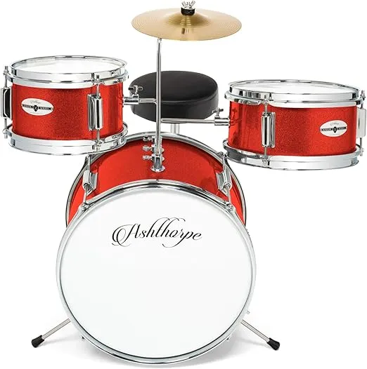 Ashthorpe 3-Piece Complete Kids Drum Set - Beginner Kit with 14" Bass, Adjustable Throne, Cymbal, Pedal & Drumsticks - Red